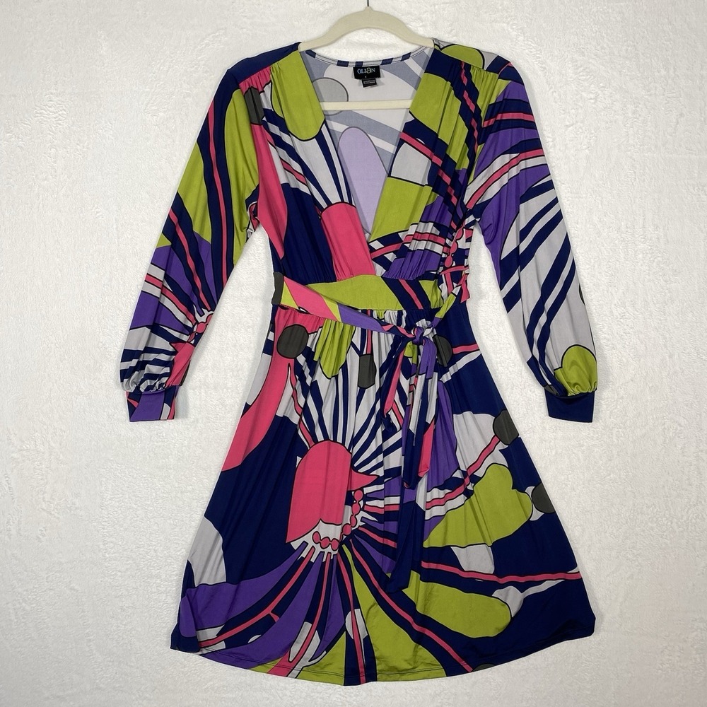 OLIAN Wrap Dress Small S‎ Psychedelic Retro Print Geometric Long Sleeve V-Neck